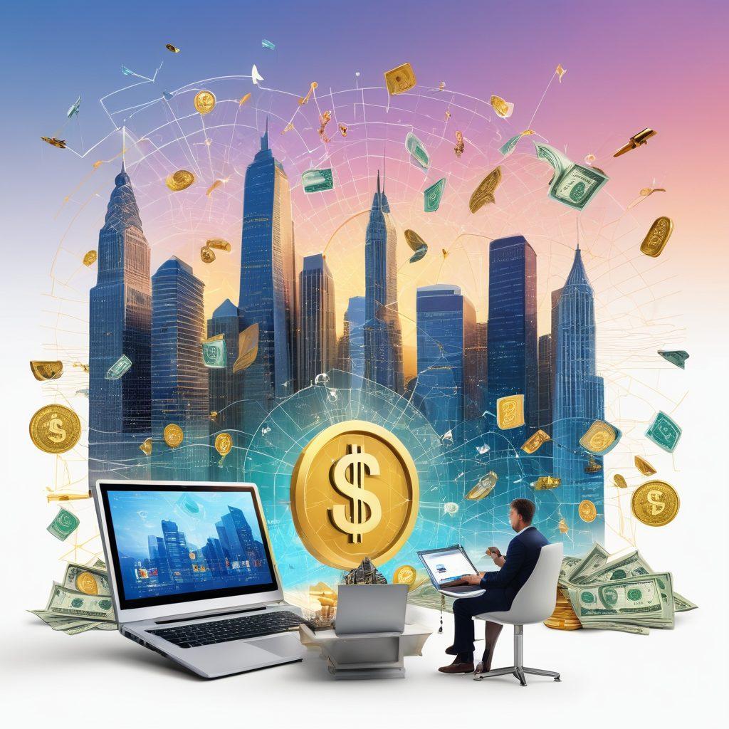 A futuristic financial landscape, featuring a diverse group of individuals happily engaging with various online payment systems on digital devices, surrounded by symbols of financial freedom like dollar bills, golden keys, and floating graphs. The background should depict a bright skyline representing opportunity, with vibrant colors and friendly, approachable technology. super-realistic. vibrant colors. white background.