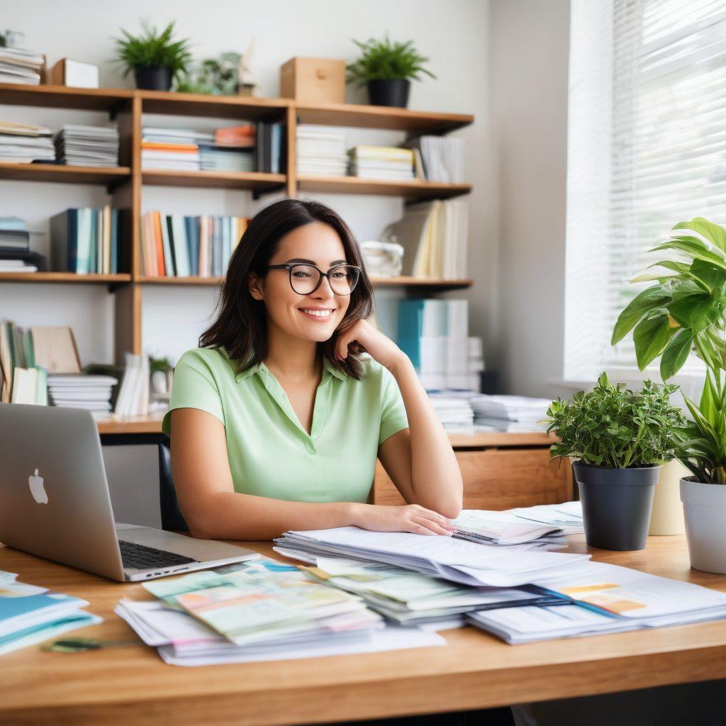 A relaxed person sitting at a home office desk, happily managing finances on a laptop, surrounded by stacks of cash and paperwork organized with color-coded file folders. Include a clock showing time efficiency, a plant for a refreshing atmosphere, and a coffee mug labeled 'Stress-Free'. Bright and inviting colors to convey a sense of ease. super-realistic. vibrant colors. soft focus.