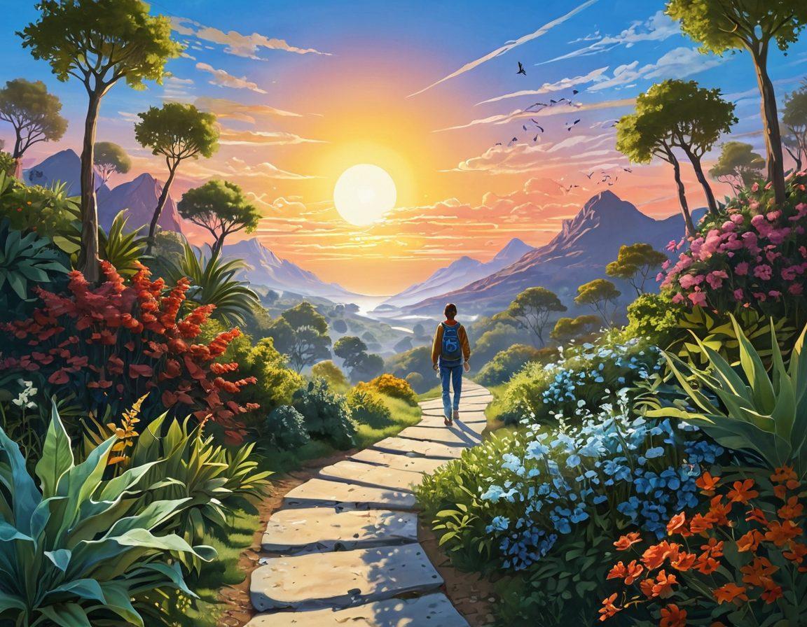 A serene landscape showcasing a person standing on a path symbolizing financial freedom, surrounded by plants representing growth, with dollar signs subtly integrated into the design. In the background, a bright sun rises, illuminating a clear blue sky, symbolizing hope and new beginnings. Emphasize a warm and inviting atmosphere while incorporating vibrant colors to create a sense of optimism. digital painting. vibrant colors. uplifting tones.